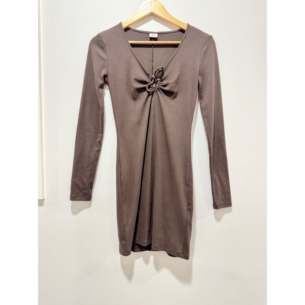 Aritzia Sunday Best Espresso Brown Ribbed Knot Front Bodycon Mini Dress Size XS